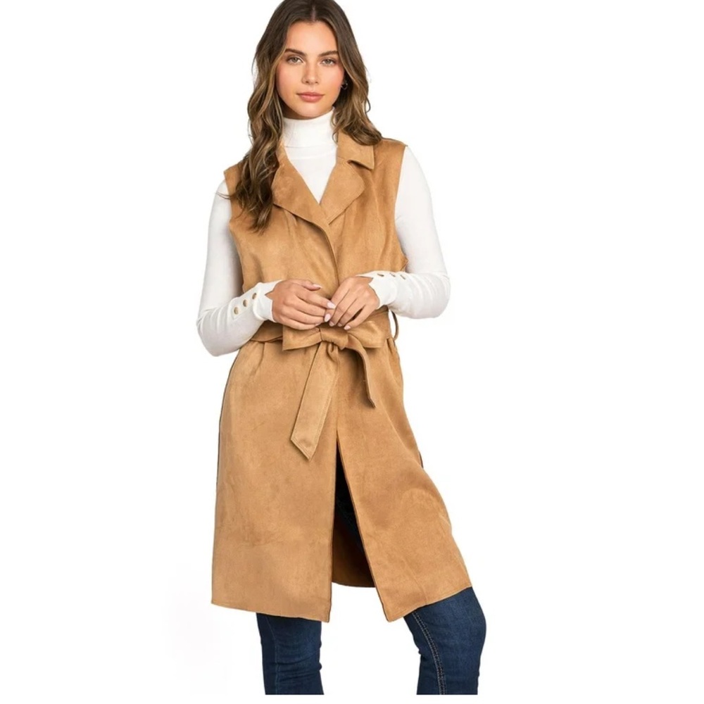 Solitaire faux suede vest with tie waist